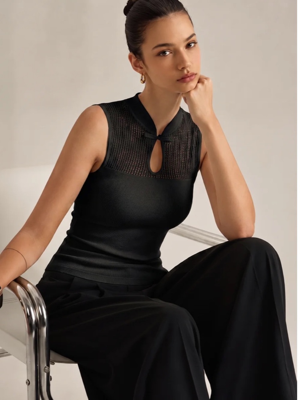 Mandarin Collar Hollow Knit Tank Top - brand new
